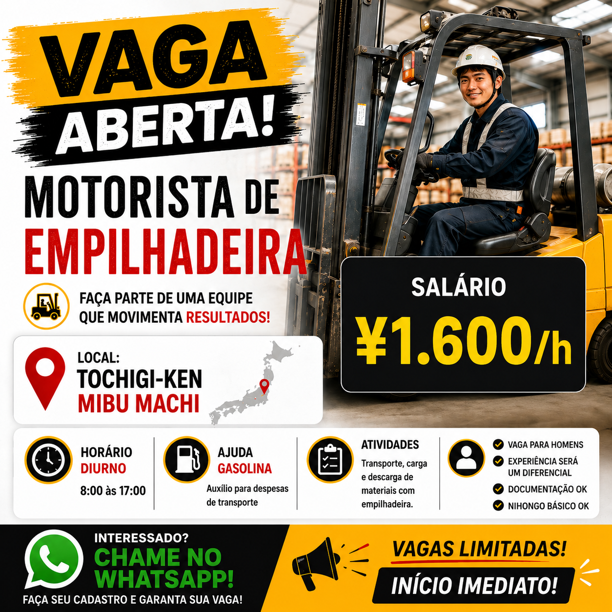 Tochigi-ken Mibu-machi: Operador de empilhadeira ¥1.600/h 